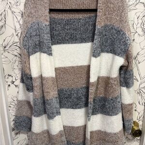 Gorgeous EUC Striped Gray, Cream, and Tan Cardigan